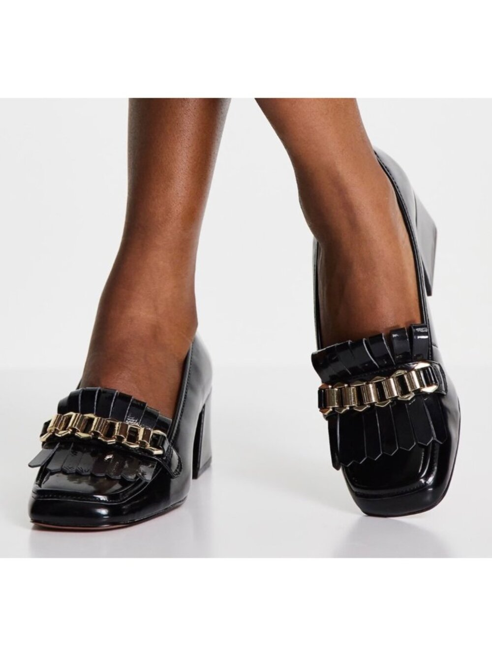 ASOS DESIGN Black Faux Patent Leather Spencer Mid-Heeled Chain Loafers Size 10